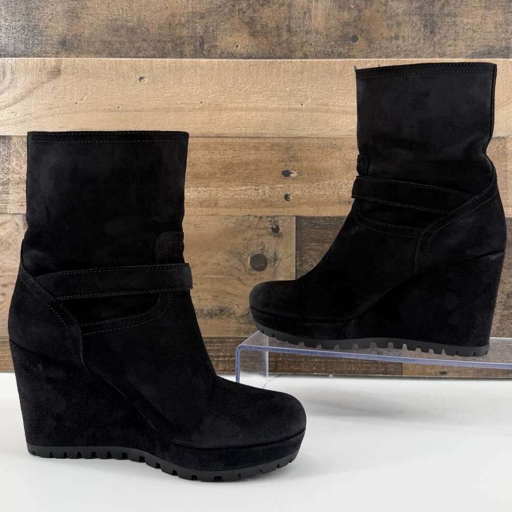 Prada Women's Black Suede Wedge Boots Size 38 (US 7.5-8) Buckle Strap Lug Sole - Picture 3 of 12